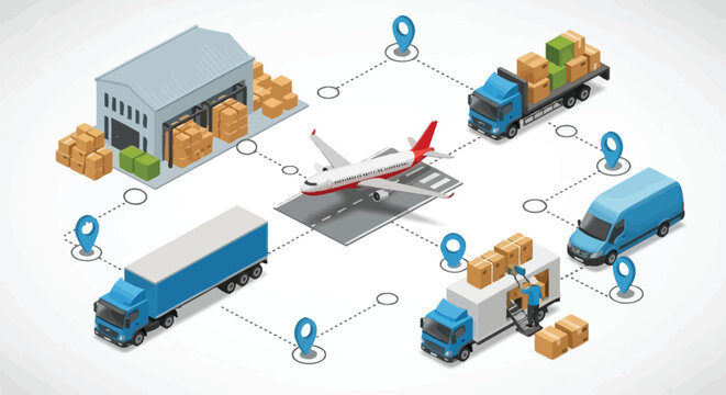 Supply chain management concept showing the efficient flow of goods from warehouse to delivery via air and ground transport