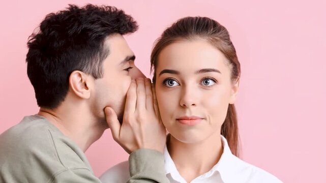 Man whispering secret into shocked young woman&rsquo;s ear. Concept of gossip, rumor, communication, astonishment, confidentiality, and private conversation on pink background.