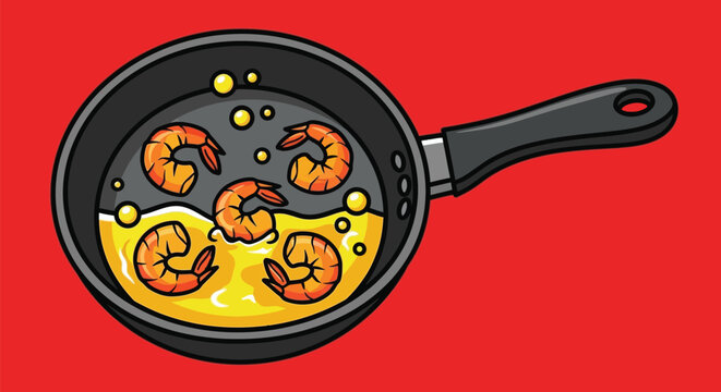 Sizzling prawns frying in a pan with hot butter. A cartoon-style vector graphic for a seafood cooking concept