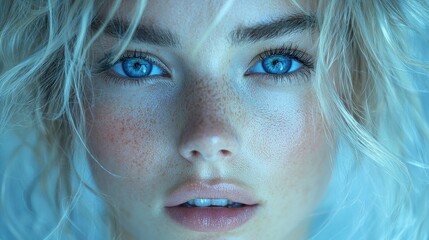Close-up portrait of a beautiful woman with freckles and vibrant blue eyes
