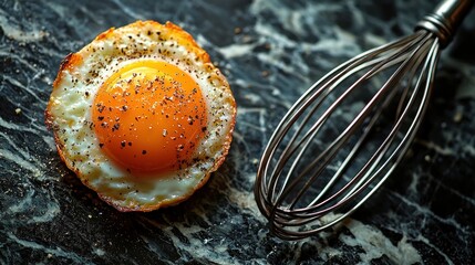 Crispy fried egg, sunny side up, on dark surface