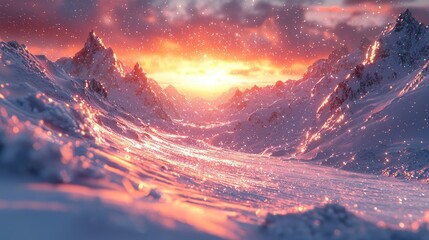 Mountain Sunrise.  Snowy, glowing valley