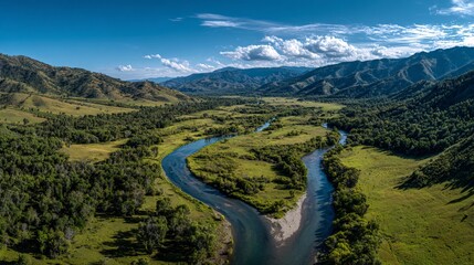 River splits flowing through a green valley surrounded by mountains under blue sky.