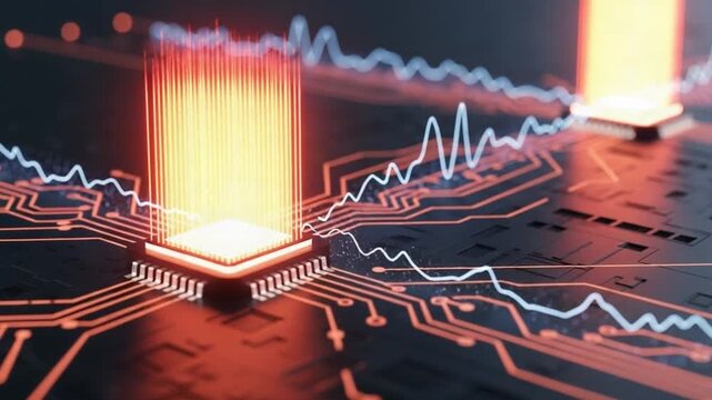 Futuristic quantum computing processor with glowing connections and waveform visualizations, suitable for demonstrating advanced technology concepts and scientific advancements