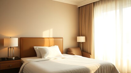 Hotel bedroom with neatly made bed and sunlight filtering through sheer curtains.