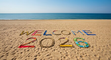 A Sunny Welcome to 2026: Brightly colored words WELCOME 2026 are artfully etched into the golden sands of a pristine beach, welcoming a new year. The vast.