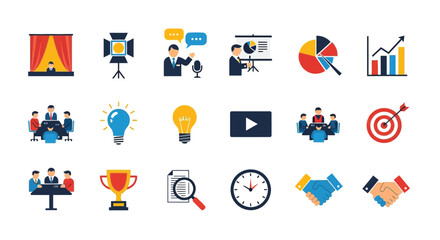 Fototapeta premium Collection of flat design business and communication icons for presentations, meetings, ideas, and success strategies