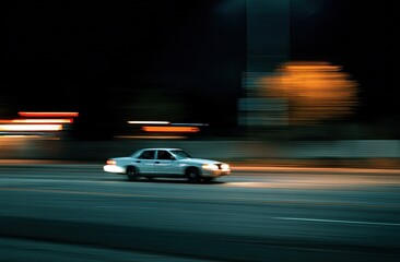 Blurred white car on highway at night