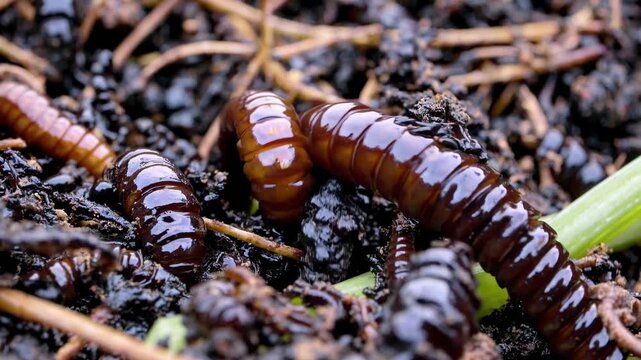 Numerous millipedes are crawling on a bed of moist compost and decomposing plant material, creating a vibrant scene of nature's recycling process