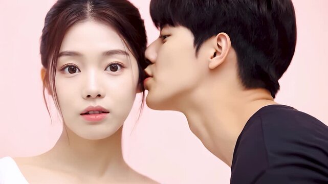 Young man whispering secret into surprised young woman&rsquo;s ear. Concept of gossip, communication, confidentiality, rumor, intrigue, and private conversation on soft pink background.