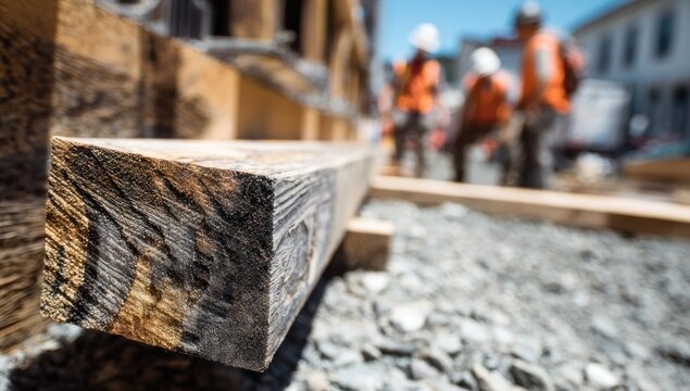 Close-up of a wooden beam on construction site