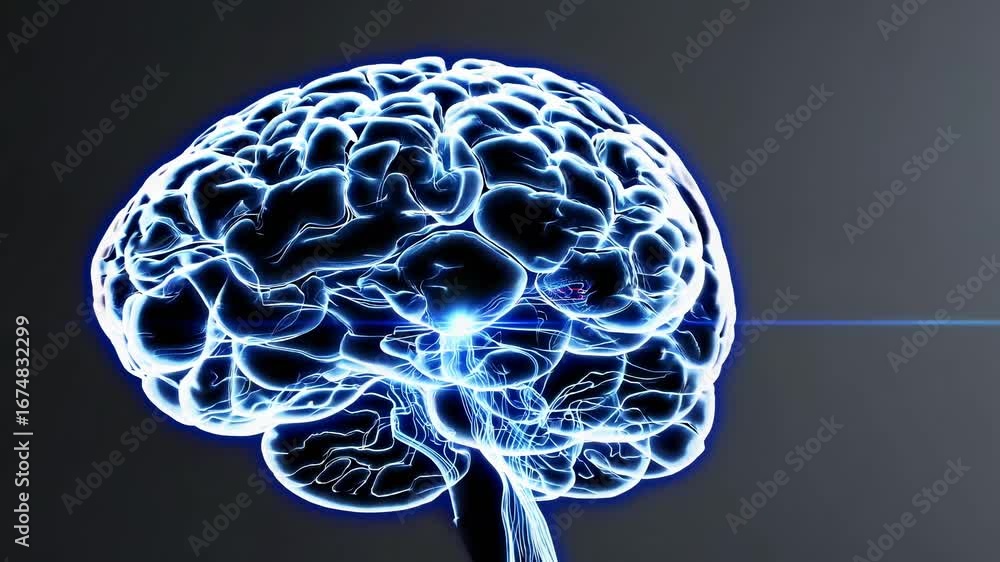 Poster futuristic video concept of a glowing brain in side view. neon blue lines highlight neural pathways 