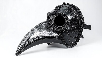 Ornate black and silver plague doctor mask with a long beak for a scary Halloween costume or steampunk cosplay