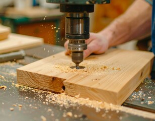 Close-up of a carpenter drilling wood
