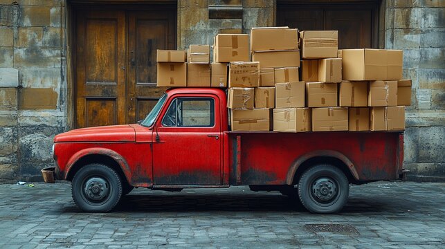 Vintage red truck overloaded with cardboard boxes in an urban setting