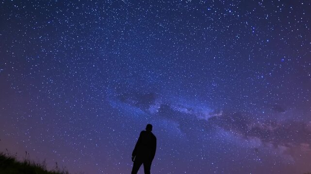 Silhouette of a person walking under a starry sky, captured from a low angle. The scene evokes a cinematic video feel with a sense of wonder.
