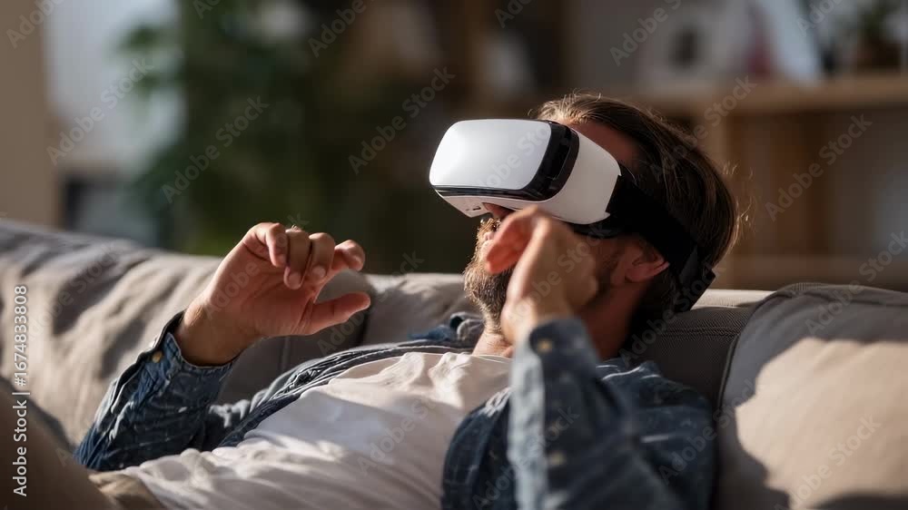 Poster relaxed individual in a vr headset reclining on a sofa with blurred background resting after experie