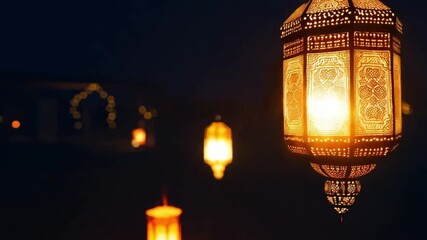 Traditional Arabic lanterns glowing in the night, evoking a sense of festive celebration and cultural heritage