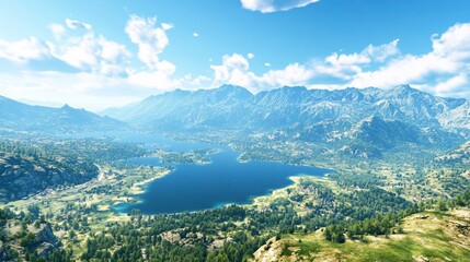 Panoramic view of a serene lake nestled between majestic mountains
