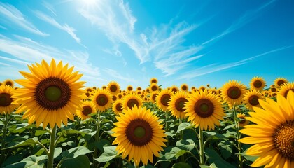Fototapeta premium A vibrant field of sunflowers stretch towards a bright blue sky with cirrus cloud formations above.