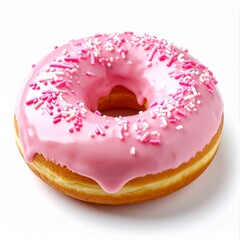 Classic fried doughnut with sweet pink strawberry icing and decorative sugar sprinkles, isolated on a clean white background for a delicious sweet treat concept