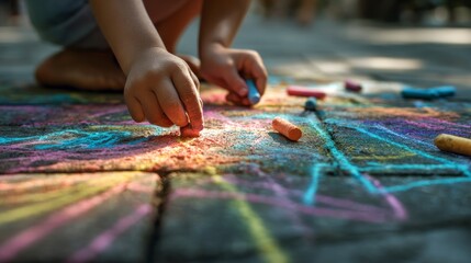 Obraz premium Child drawing with chalk outdoors