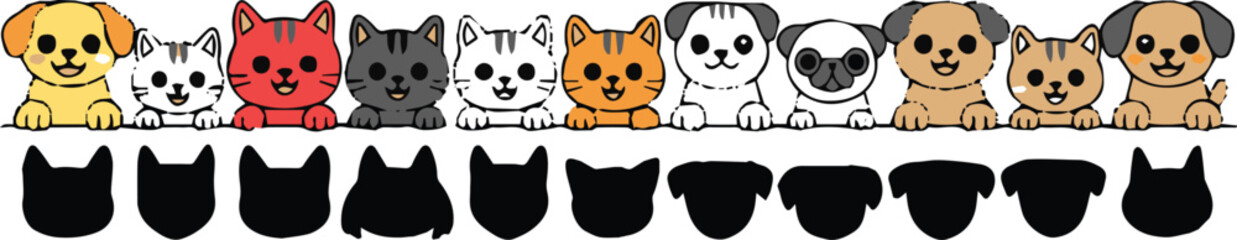 vector puzzle activity with cartoon cat and dog faces matching silhouette shapes for children learning ai eps jpeg png