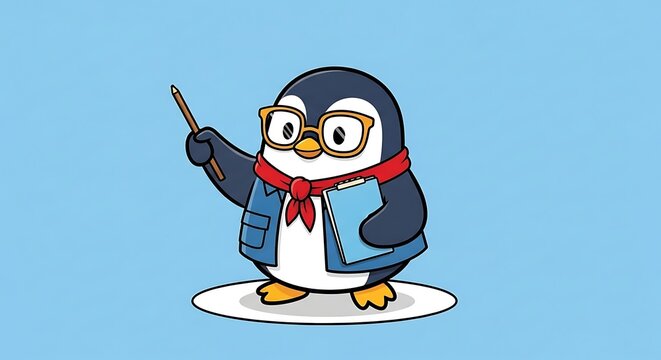 Teacher penguin writing on chalkboard
