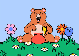 Happy bear sitting on grass while eating honey from a red pot, surrounded by colorful flowers and greenery vector illustration hand drawn cartoon style makes it perfect for , kids products, education