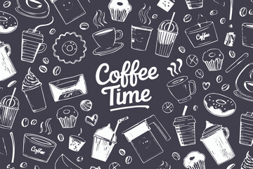 coffee time hand drawn doodle seamless pattern vector illustration background cafe restaurant menu design elements
