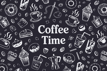 hand drawn coffee doodles seamless pattern vector cafe restaurant menu background design elements illustration