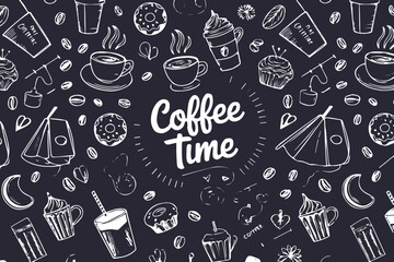 coffee beans cups donuts hand drawn doodle pattern vector illustration cafe shop restaurant menu background design