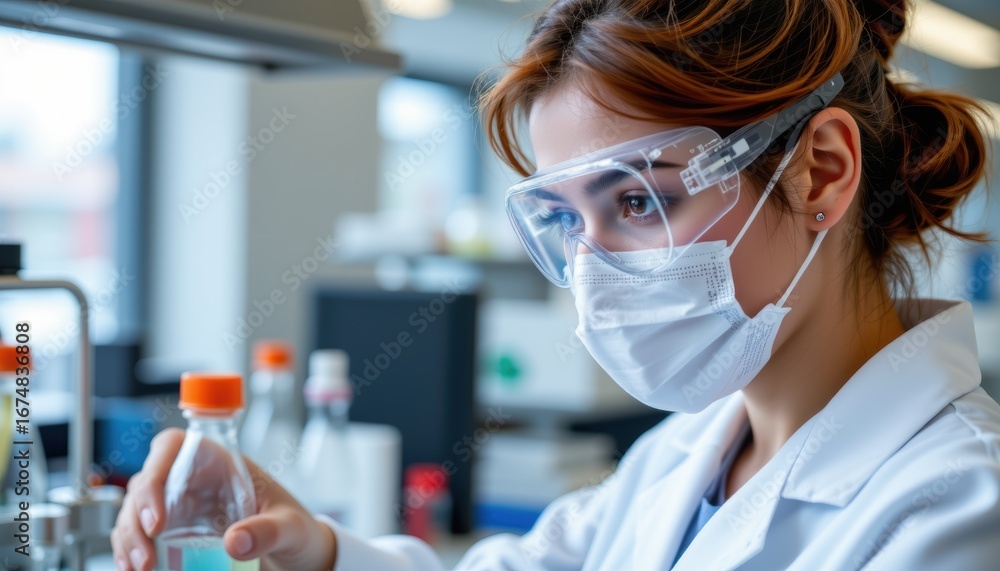 Poster scientist in laboratory conducting research science lab image of innovation modern workspace close-u