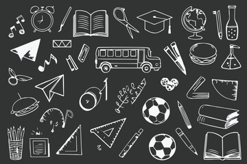 chalkboard style education vector illustration with school books globe calculator rulers scissors compass pens for creative learning