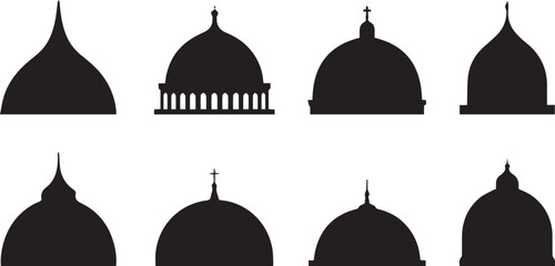 vector dome silhouette collection featuring eight diverse architectural roof structures in black outline style icon pack