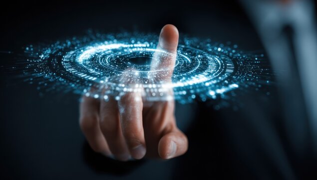 A hand interacts with a digital interface