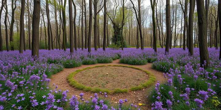 Forest clearing with circular patch surrounded by blooming purple flowers under tall trees, scenic natural landscape symbolizing tranquility, biodiversity, seasonal beauty, wilderness harmony, and unt