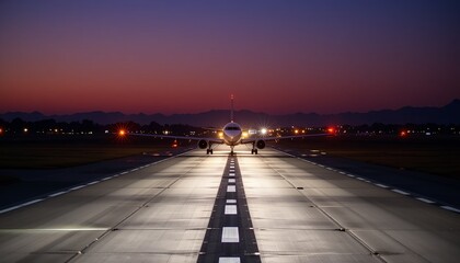 Fototapeta premium An airplane prepares for takeoff at twilight, illuminated by runway lights reflecting softly below.
