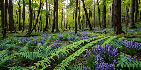 Lush forest ground covered with blooming purple flowers and vibrant green ferns beneath tall trees, scenic natural landscape symbolizing biodiversity, tranquility, seasonal beauty, wilderness harmony,