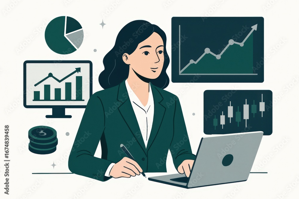 Poster professional woman analyzing financial data with charts and graphs displayed on screens showcasing g