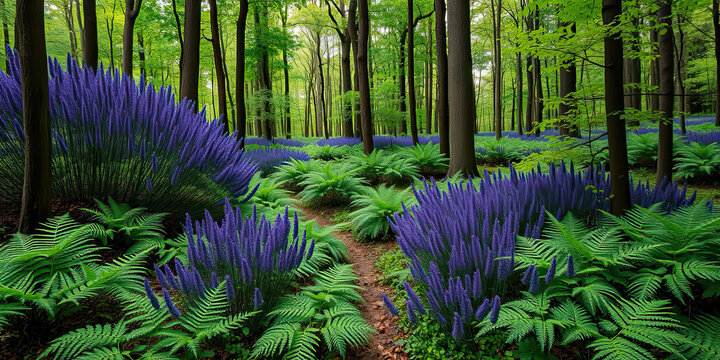 Enchanting forest with lush greenery and clusters of blooming purple flowers along a winding path, natural spring landscape symbolizing biodiversity, peace, tranquility, and the pristine beauty of unt