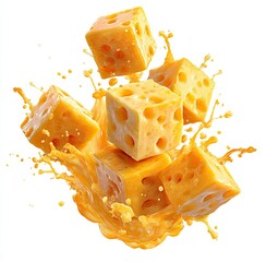 Cheese cubes dynamically splash in orange liquid, isolated on white
