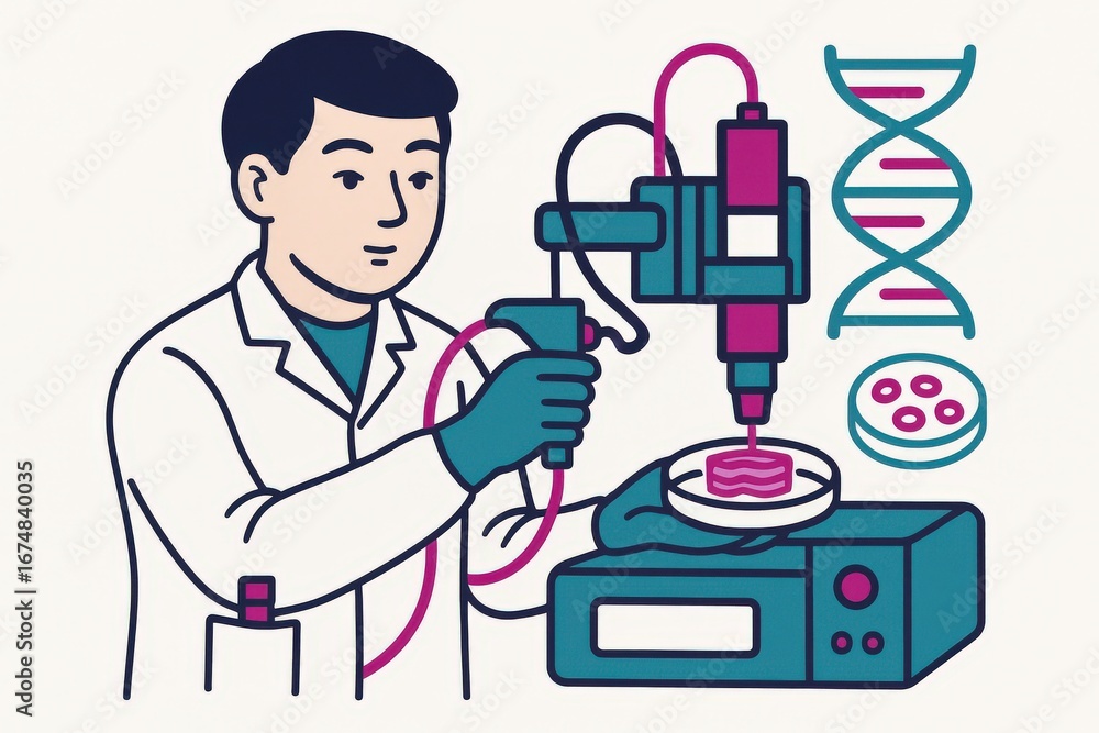 Poster depiction of a male scientist using advanced bioprinting technology to create living tissue samples 