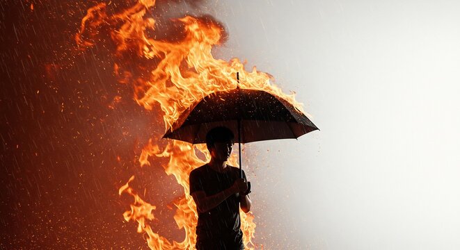 Fiery silhouette bravely holds umbrella defying intense flames dramatic lighting. AI Generated