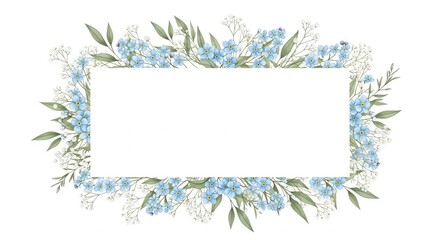 Obraz premium Watercolor floral frame with delicate blue flowers, baby's breath, and greenery. Elegant botanical border for a wedding invitation or greeting card.