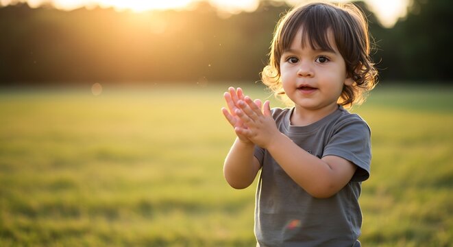Happy toddler joyfully claps hands in warm sunset light. AI Generated