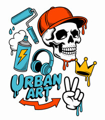 Vibrant urban art featuring a skull wearing a cap, surrounded by spray paint tools, headphones, and a crown, symbolizing street culture and creativity in color.
