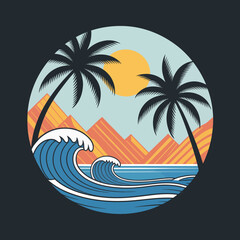 Fototapeta premium This vibrant illustration showcases a tropical beach with bold waves, palm trees, and colorful mountain silhouettes under a bright sun, evoking feelings of relaxation and adventure.