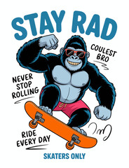 This playful illustration presents a joyful gorilla skating energetically on a vibrant skateboard, capturing the essence of fun and youthful enthusiasm for skating.