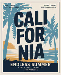 This stunning image of California features palm trees and a beautiful beach scene, representing adventure and the joys of surfing in Los Angeles under the warm sun and blue skies.